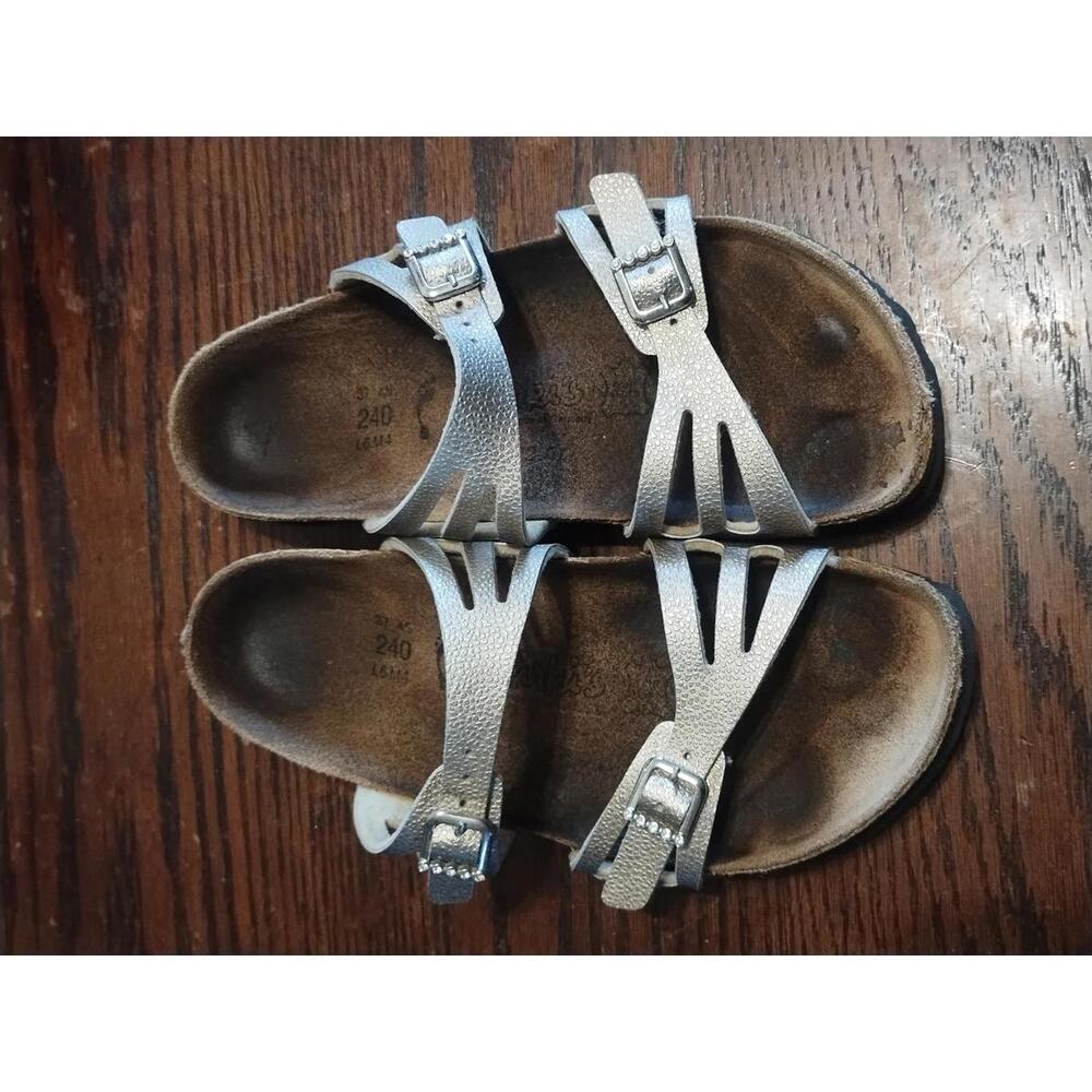 Birkenstock Sandals Two Strap‎ Birkis Womens 6 Silver Slip On Buckle Cork Shoe